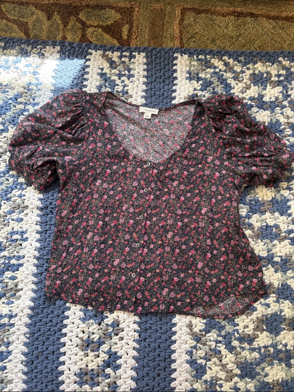 Treasure & Bond Black Blouse with Pink Floral Print